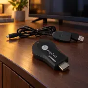 AnyCast M9 Plus із кабелем на телевізійній консолі