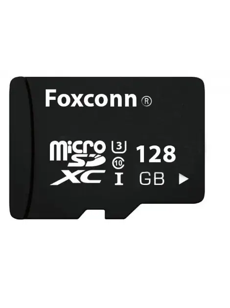 Чорна карта пам’яті microSDXC із маркуванням 128 ГБ на білому тлі