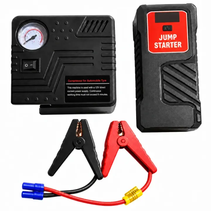 Jump Starter 9596: пусковий блок, окремий компресор і силові затискачі на білому фоні