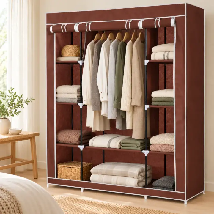 Коричнева тканинна шафа Storage Wardrobe 88130 з одягом у світлій спальні