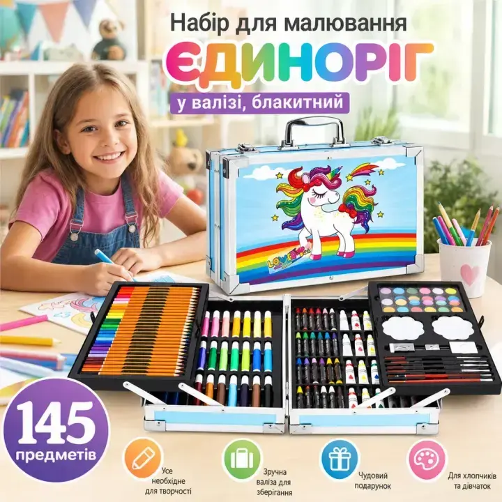 Блакитна валіза Єдиноріг з набором для малювання для дітей
