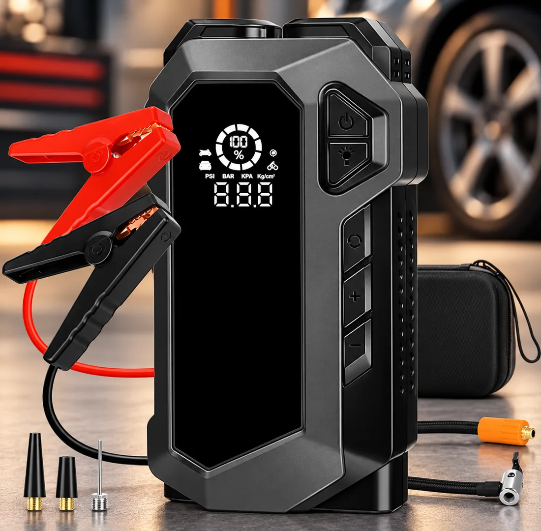 Пусковий пристрій JUMP STARTER 9556 з компресором і кейсом — товар у студійній композиції