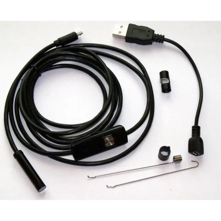 Технічний ендоскоп Endoscope з кабелем, USB-адаптером та насадками на білому тлі