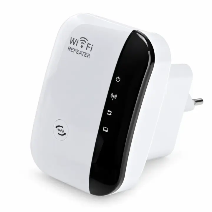 Біло-чорний Wi-Fi репітер із вбудованою вилкою на білому тлі