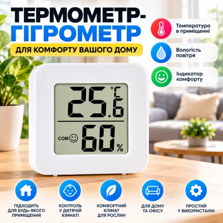 Білий кімнатний цифровий термометр-гігрометр