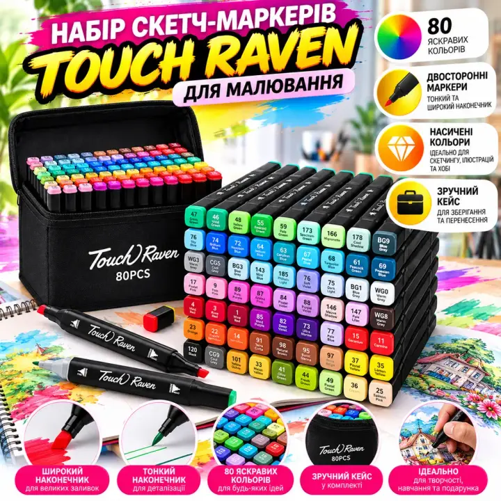 Набір скетч-маркерів Touch Raven 80 кольорів у кейсі
